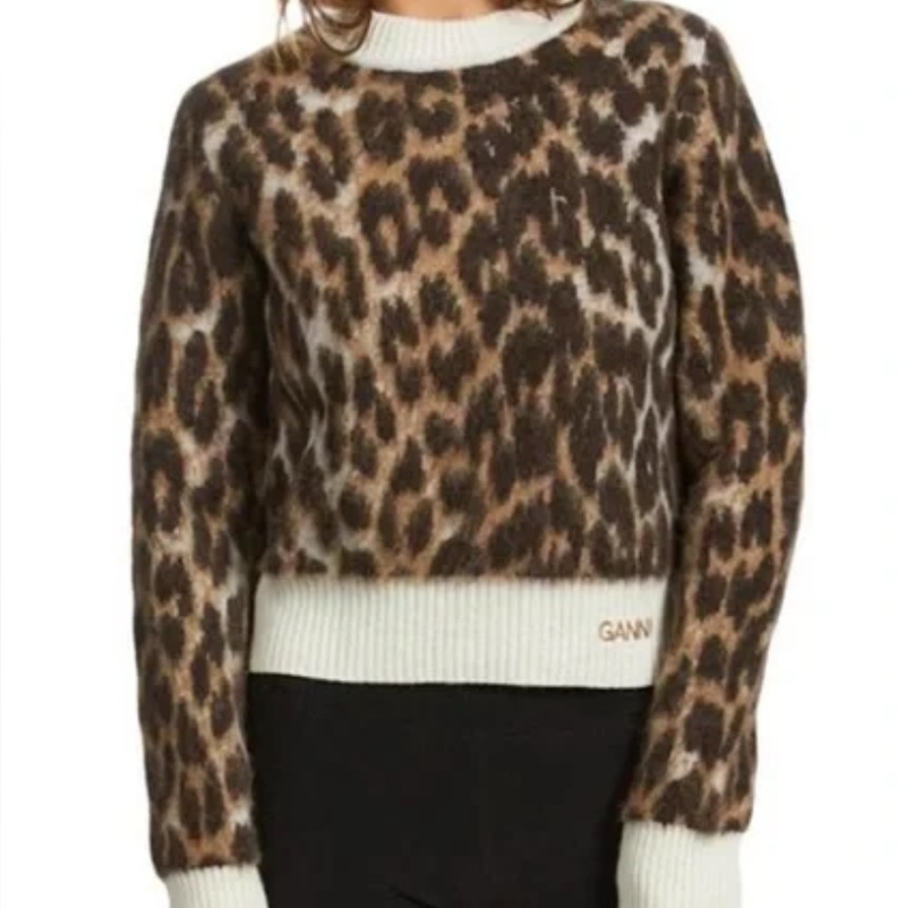 Ganni Leopard Print Crewneck Sweater in Brown and Cream